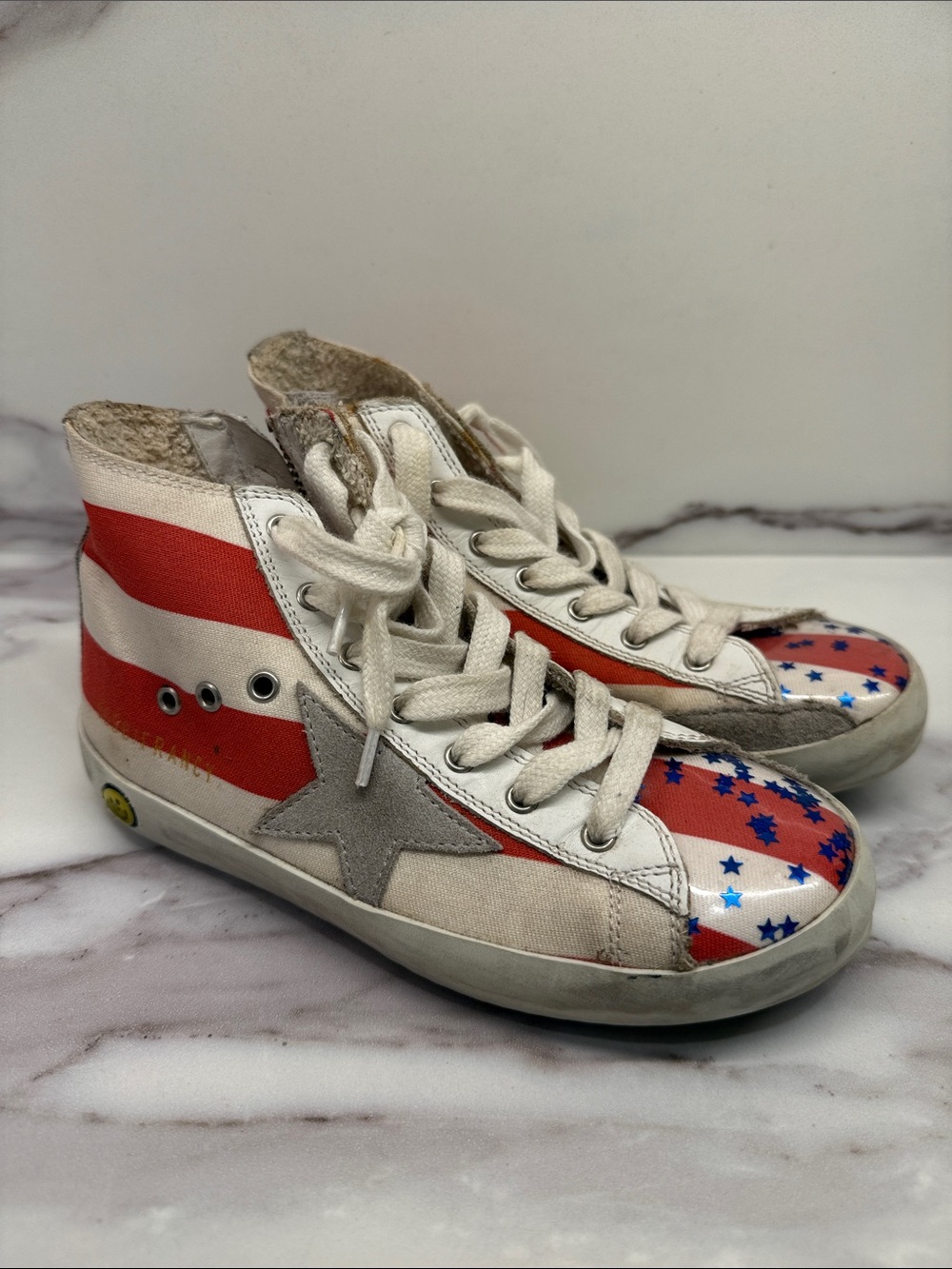 Golden Goose Kids High-Top Sneakers in Red, White & Blue Star Print